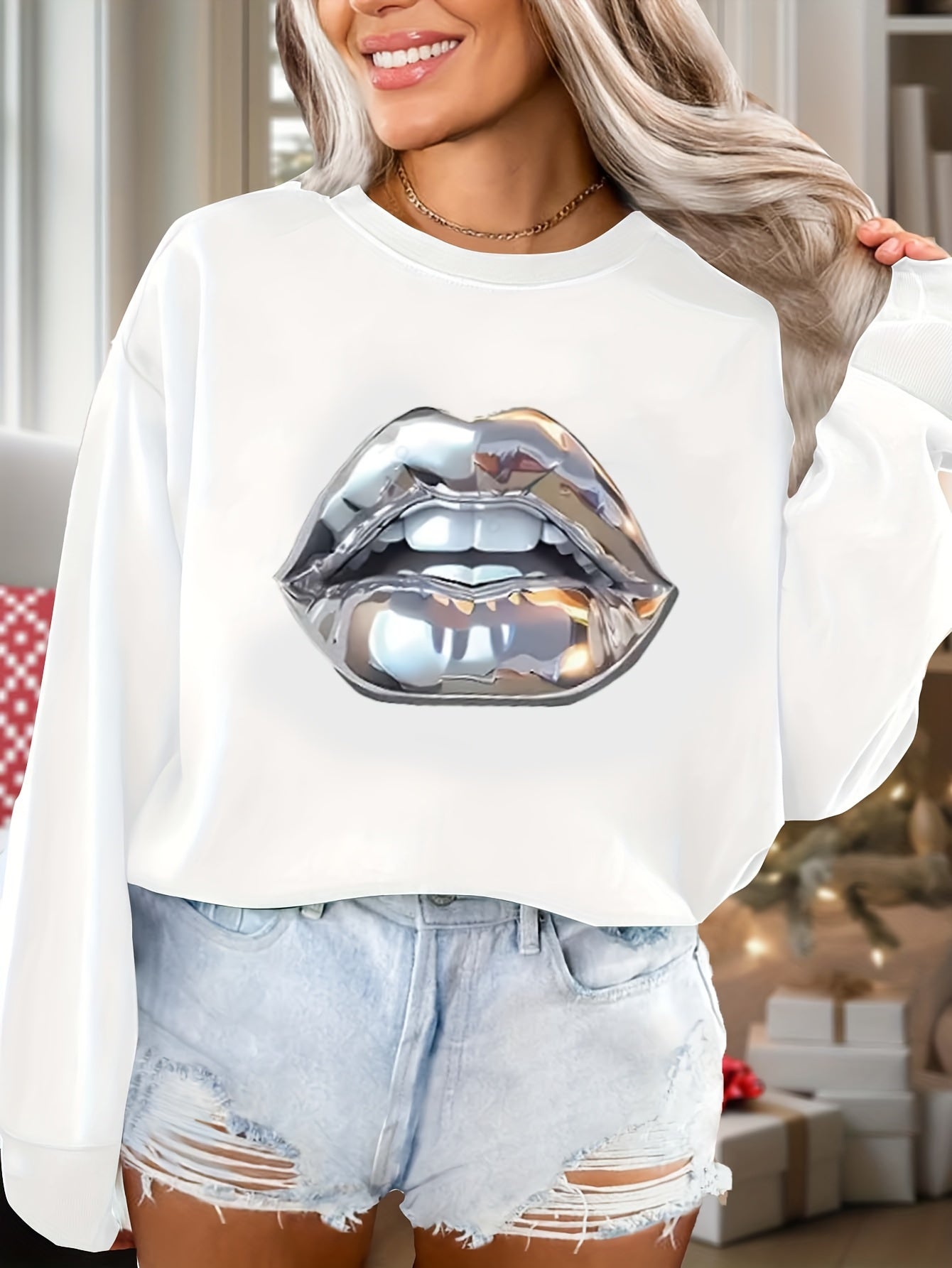 Women's Casual Crew Neck Sweatshirt with Geometric Lips Print, Long Sleeve Pullover, Knit Fabric, Regular Fit - 50%, Polyester 50% Blend, Machine Washable for Fall & Winter